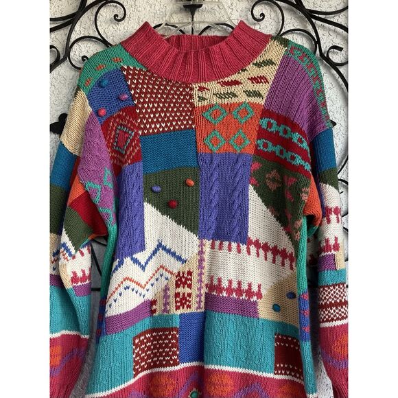 90’s IVY Hand Knit Patchwork Color Block  Sweater- Size Medium - Multicolored - Picture 2 of 9